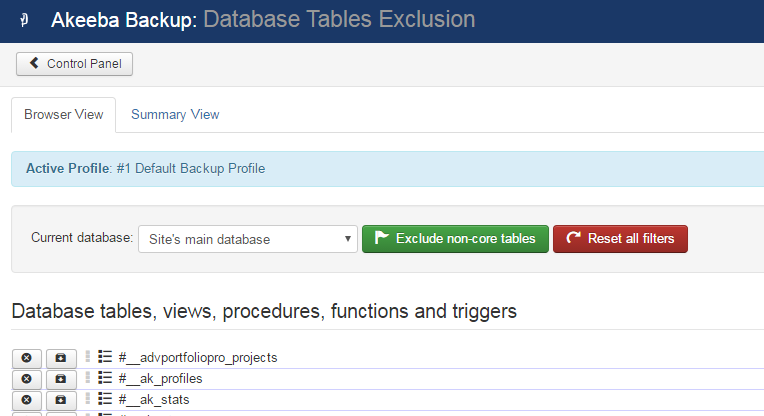 The Database Tables Exclusion In Akeeba Backup 