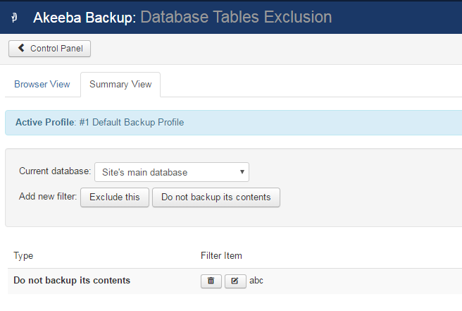 The Database Tables Exclusion In Akeeba Backup