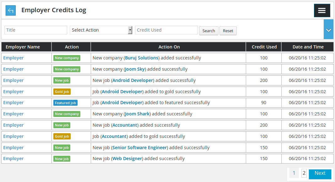 JS Jobs Admin Side Credits log: Employer/ Job Seeker Credits Log