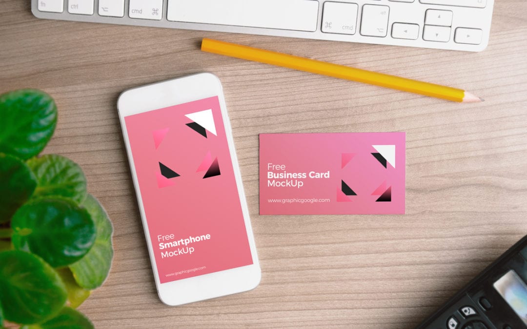 Smartphone With Business Card Free MockUp PSD