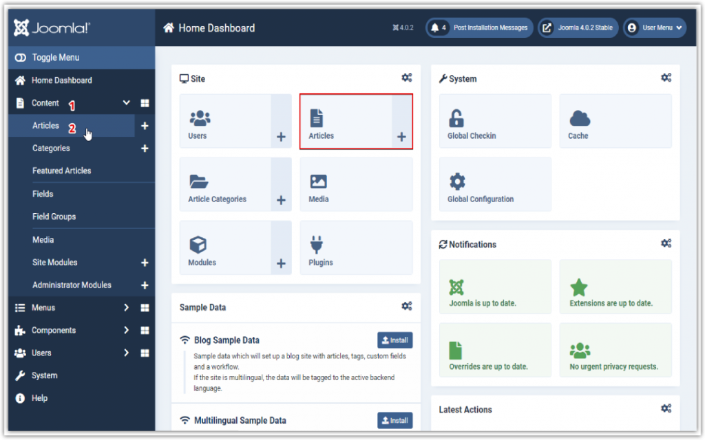 Home Dashboard in Joomla 4