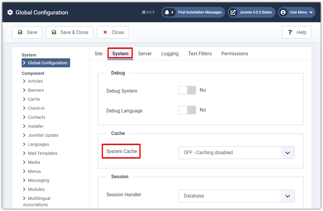 Joomla 4 - Caching - System Cache