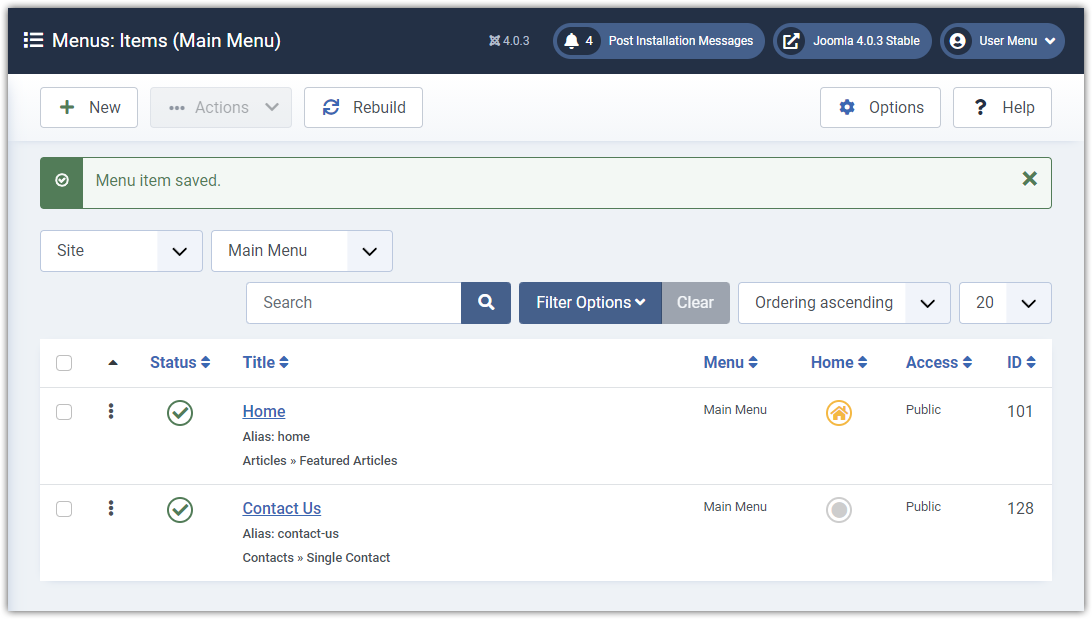 Joomla 4 - Contact Component - Menu Item Saved