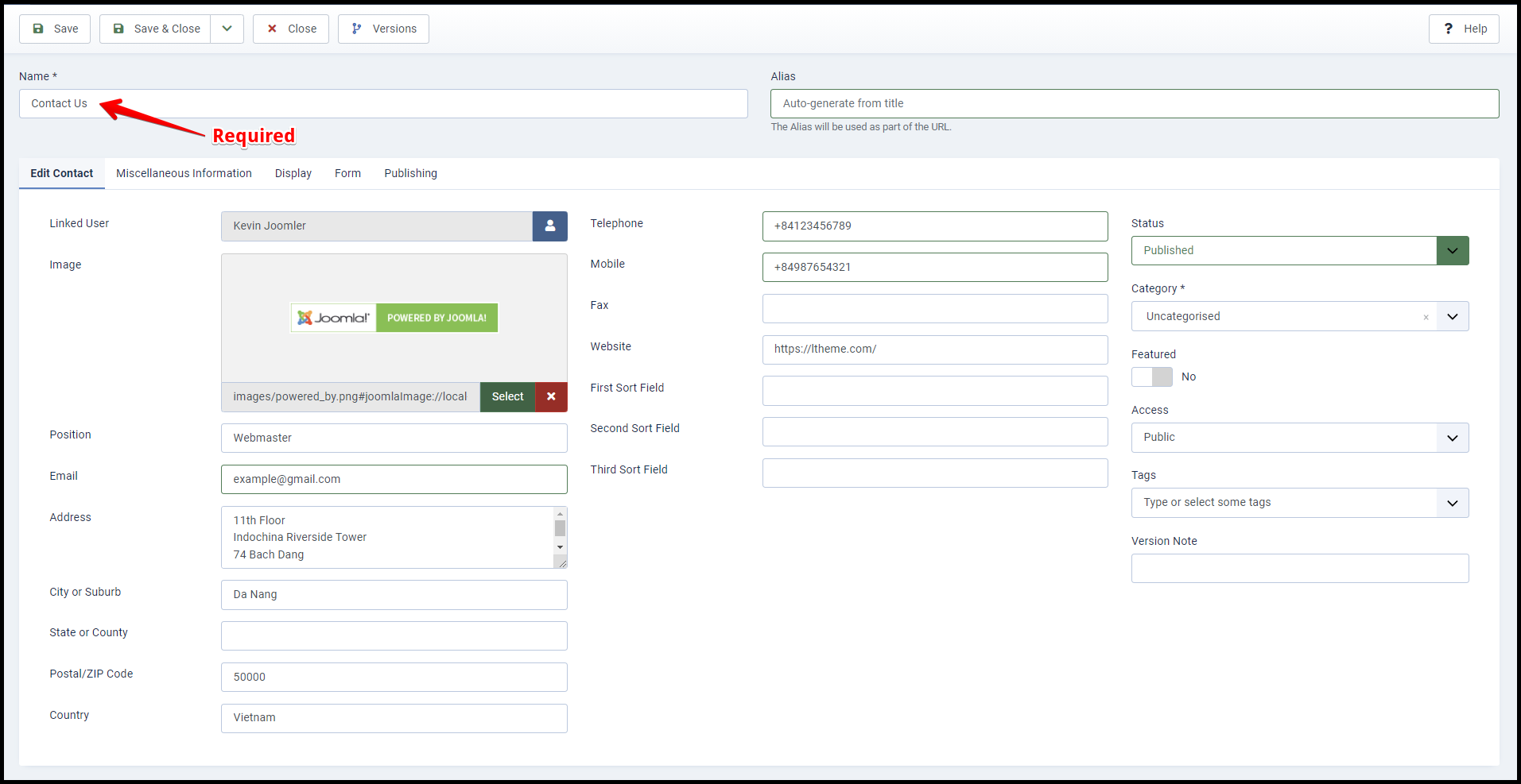 Joomla 4 - Contact Component - New Contact - Fill In Required Information