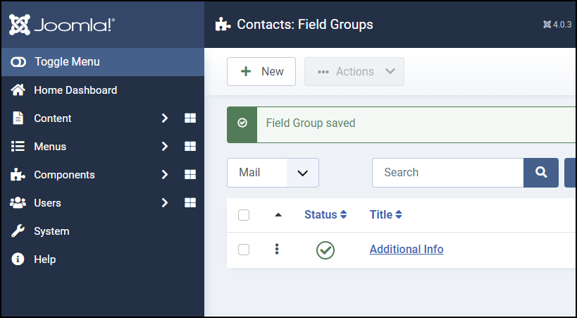 Joomla 4 - Contact Custom Fields - Field Group Saved