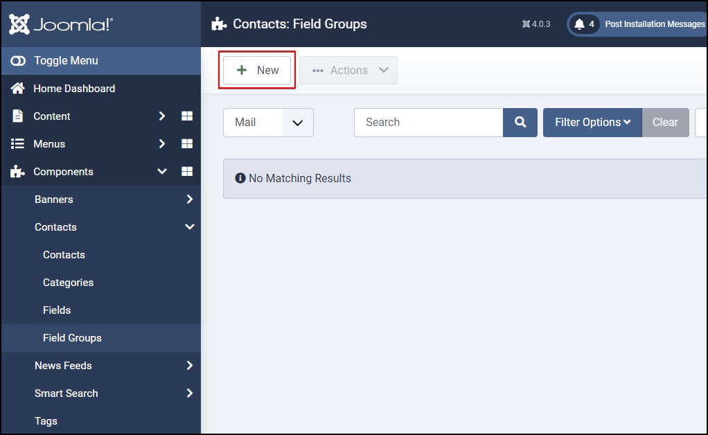 Joomla 4 - Contact Custom Fields - Field Groups - Add New
