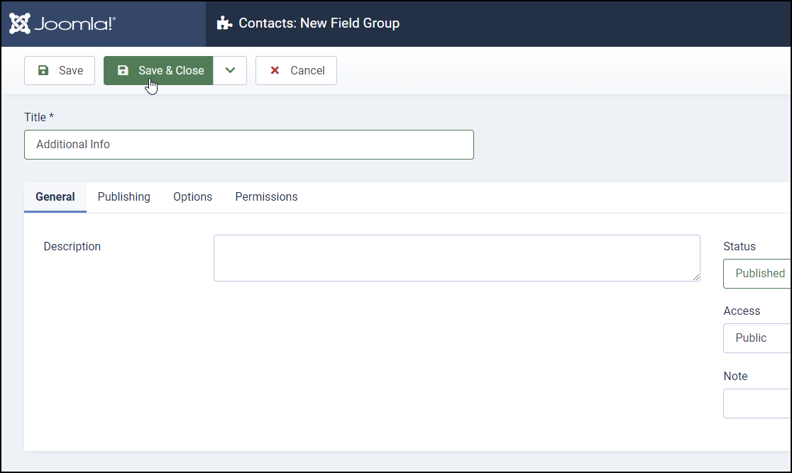 Joomla 4 - Contact Custom Fields - Field Groups - Enter Info