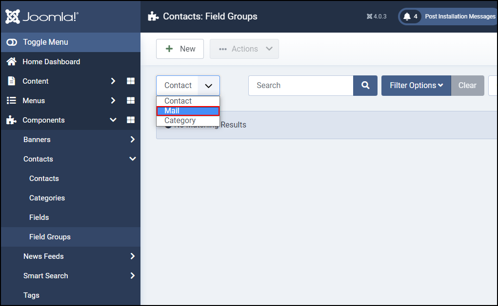 Joomla 4 - Contact Custom Fields - Field Groups - Select Mail