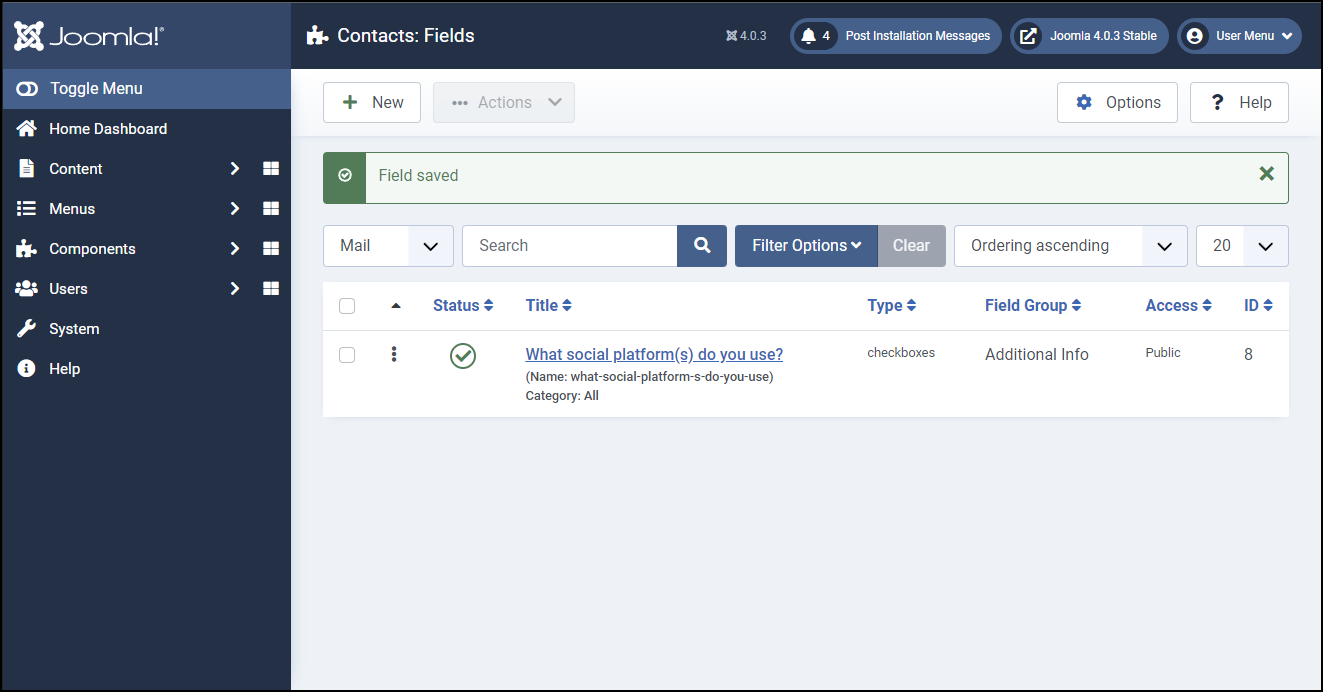 Joomla 4 - Contact Custom Fields - Field Saved