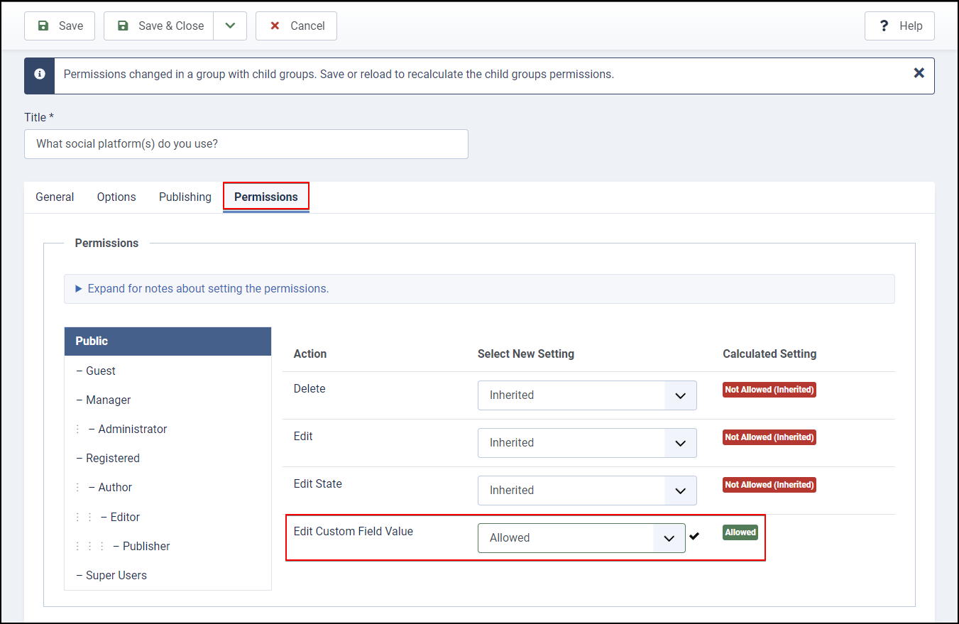 Joomla 4 - Contact Custom Fields - Fields - Change Permission