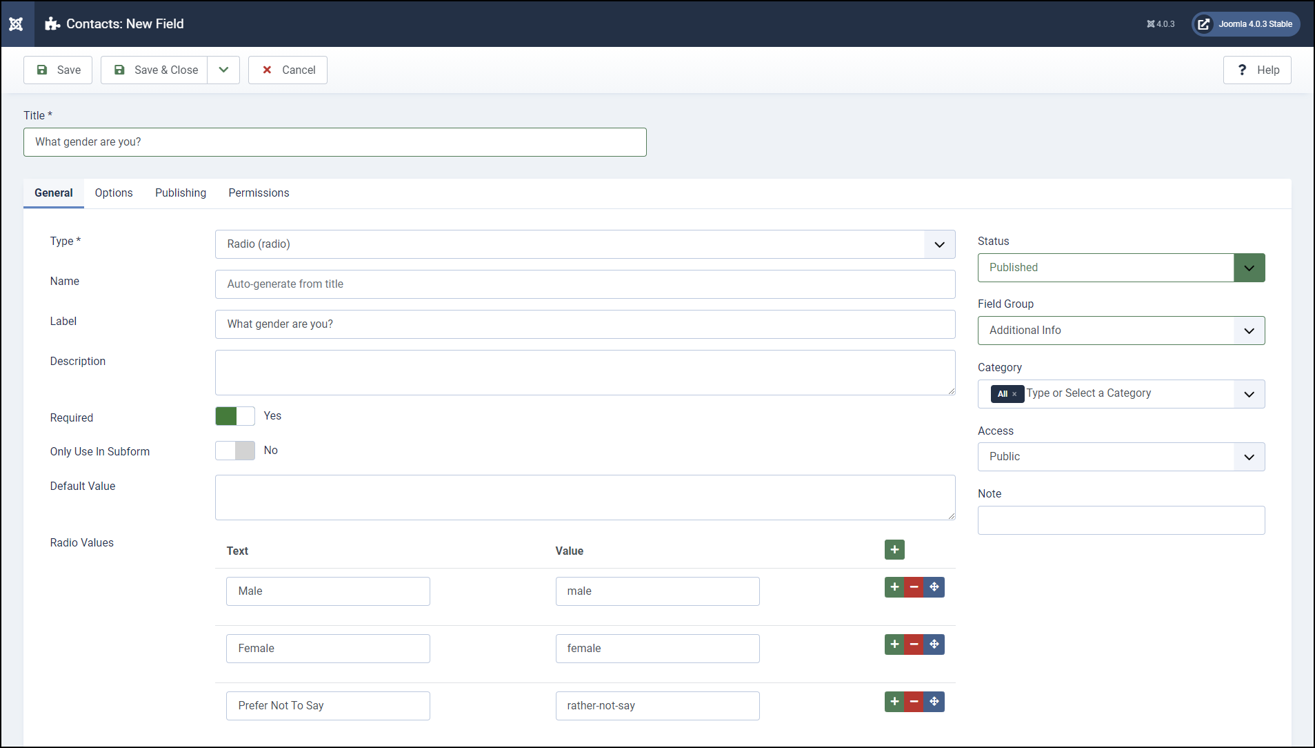 Joomla 4 - Contact Custom Fields - Fields - Enter New Field Info