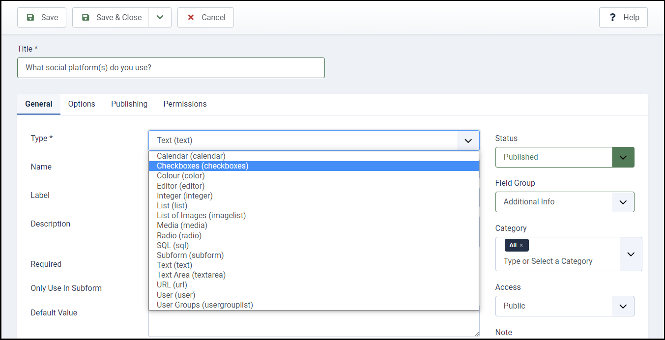 Joomla 4 - Contact Custom Fields - Fields - Select Field Type