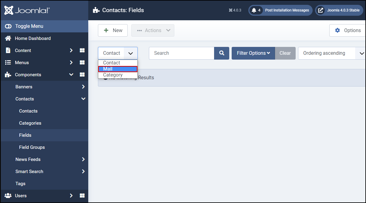 Joomla 4 - Contact Custom Fields - Fields - Select Mail