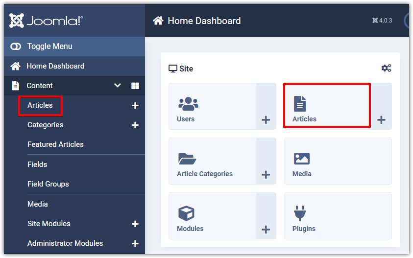 Joomla 4 - Custom Fields - Home Dashboard - Access Article Manager