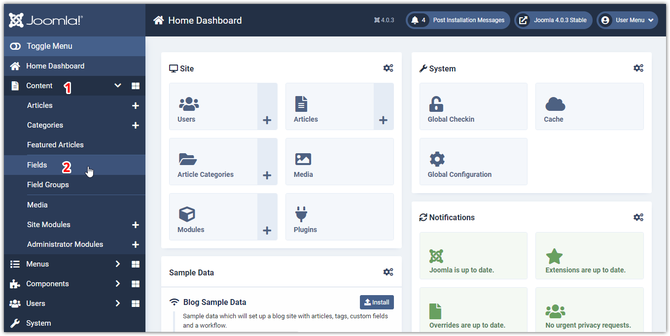 Joomla 4 Custom Fields - Access The Articles: Fields Page