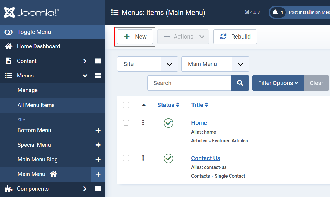 Joomla 4 - Hidden Menu Item - Main Menu - Add New