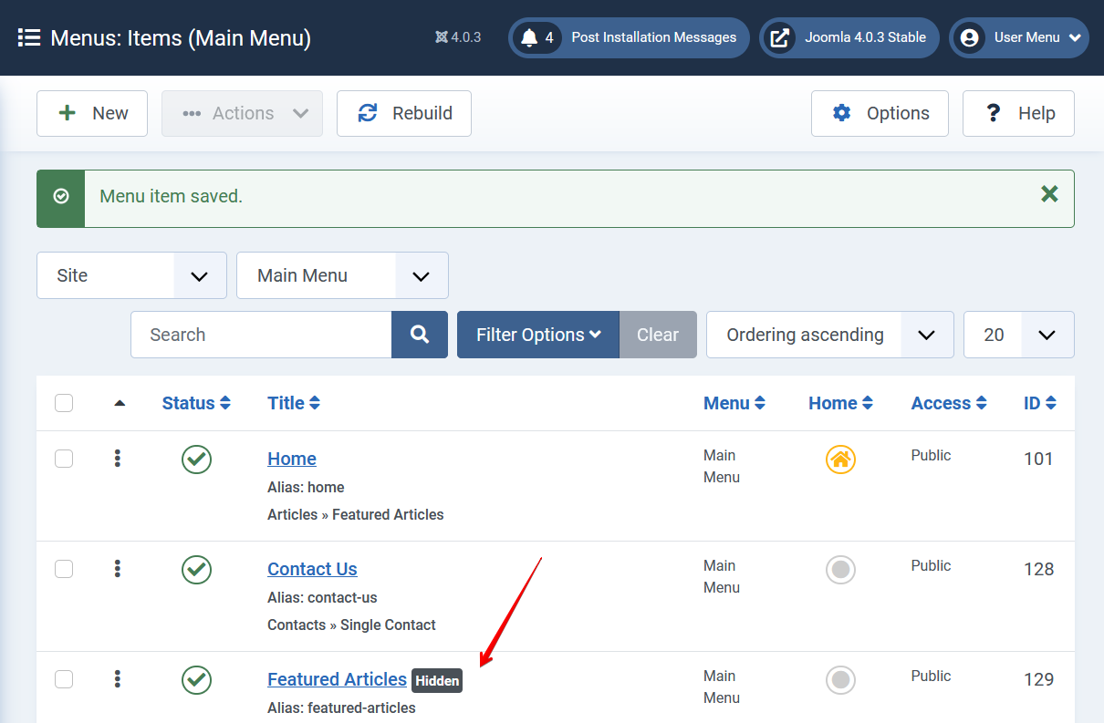 Joomla 4 - Hidden Menu Item - Main Menu - Saved