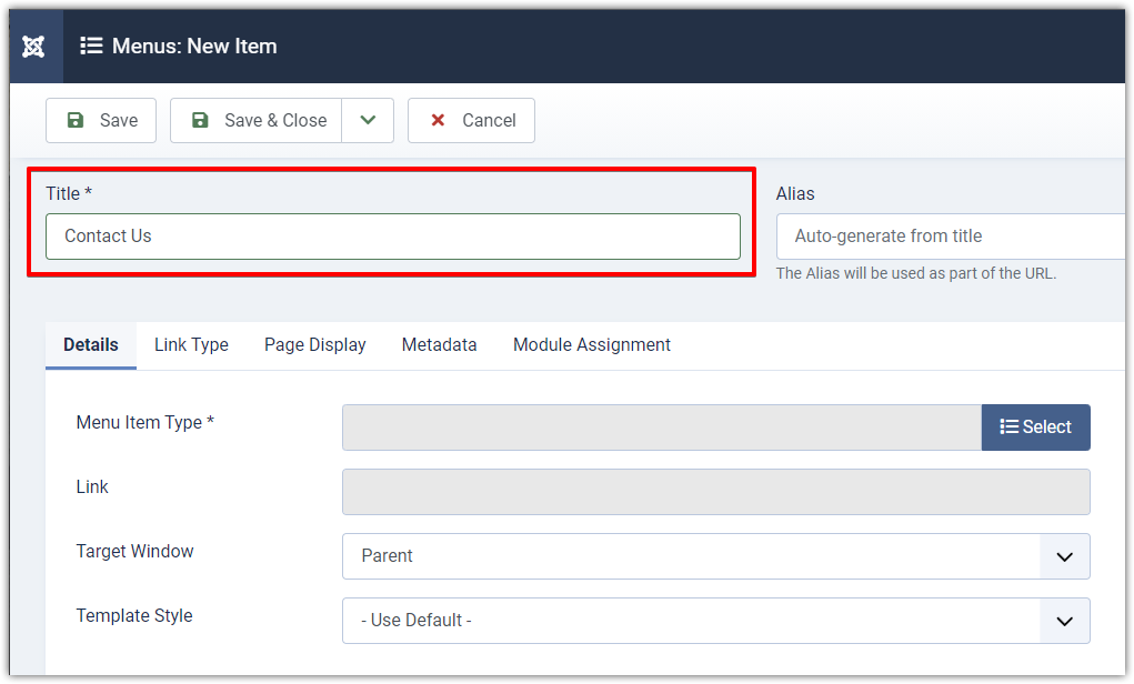 Joomla 4 - Menus - New Item - Provide A Title