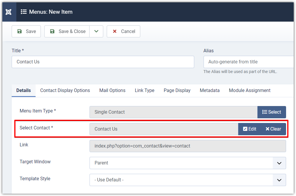 Joomla 4 - Menus - Select Contact Component