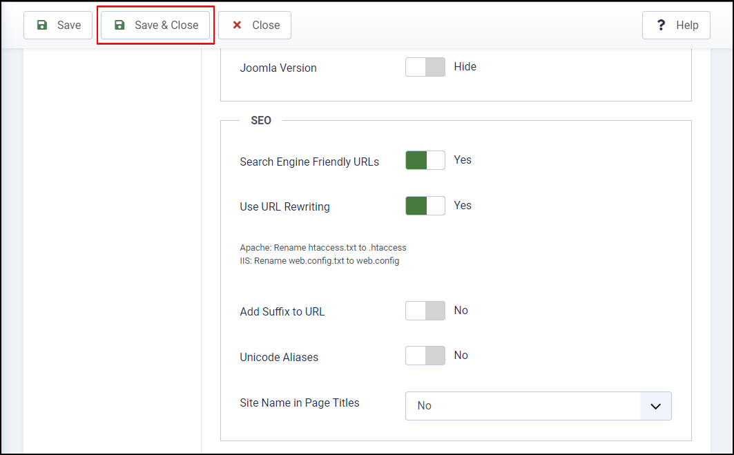 Joomla 4 - Remove Index.php - System - Global Configuration - Saved