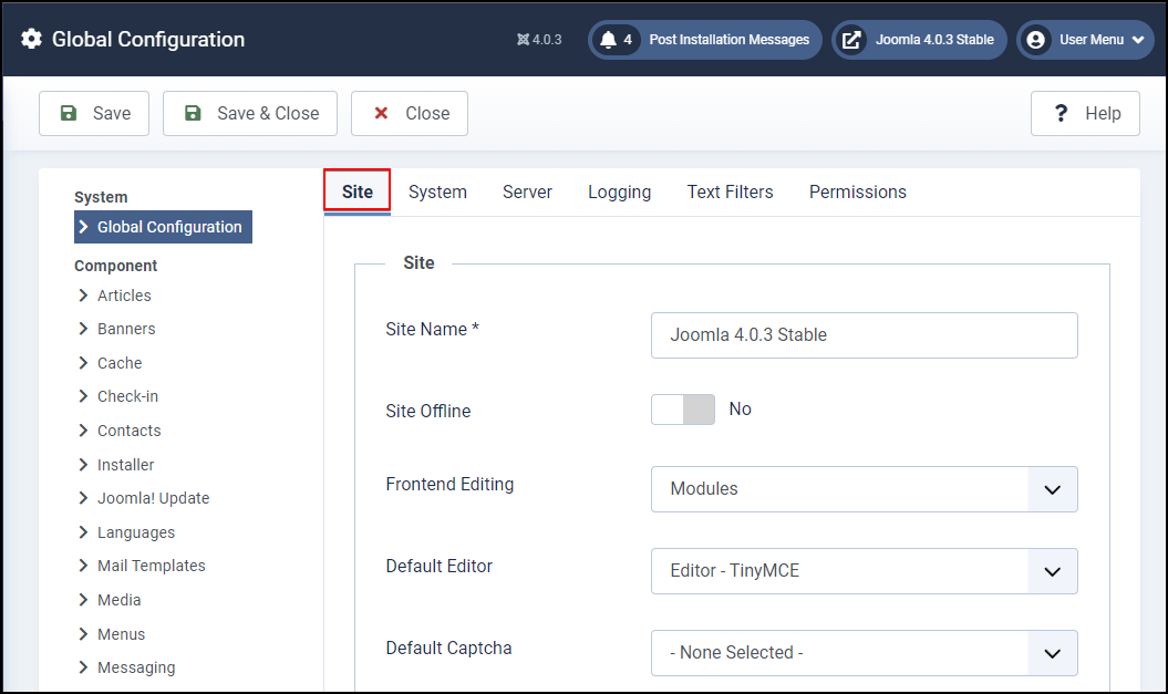 System > Global configuration Joomla.