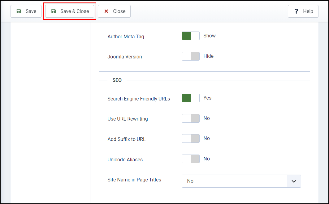 Joomla 4 - Sef Urls - System - Global Configuration - Saved