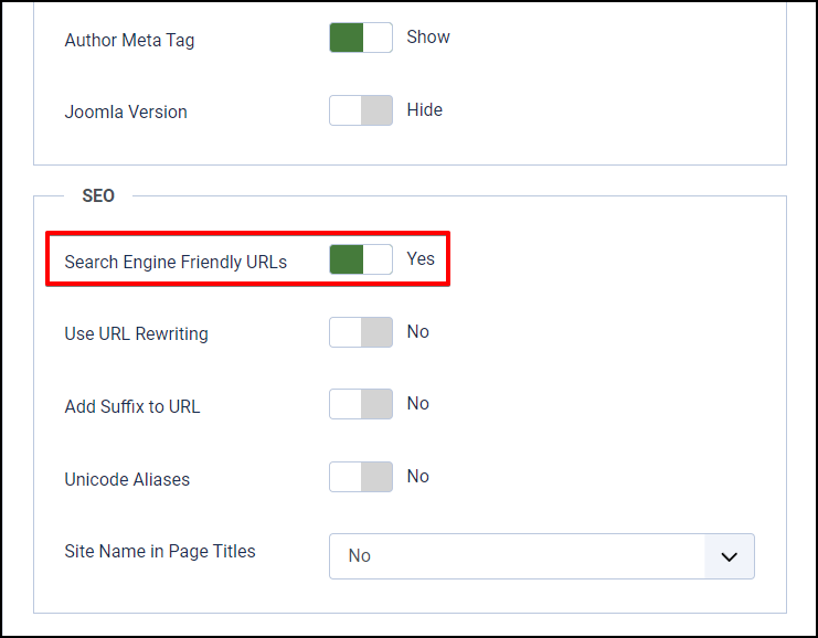 Joomla 4 - Sef Urls - System - Global Configuration - Search Engine Friendly Urls