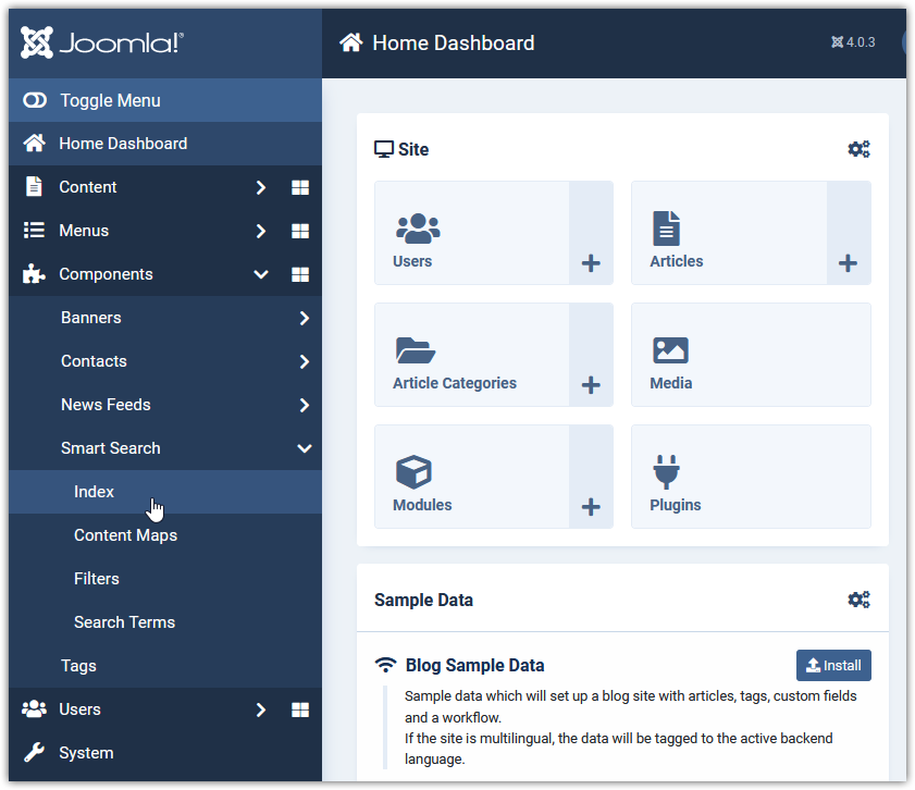 Home Dashboard - Joomla 4 - Smart Search - Index