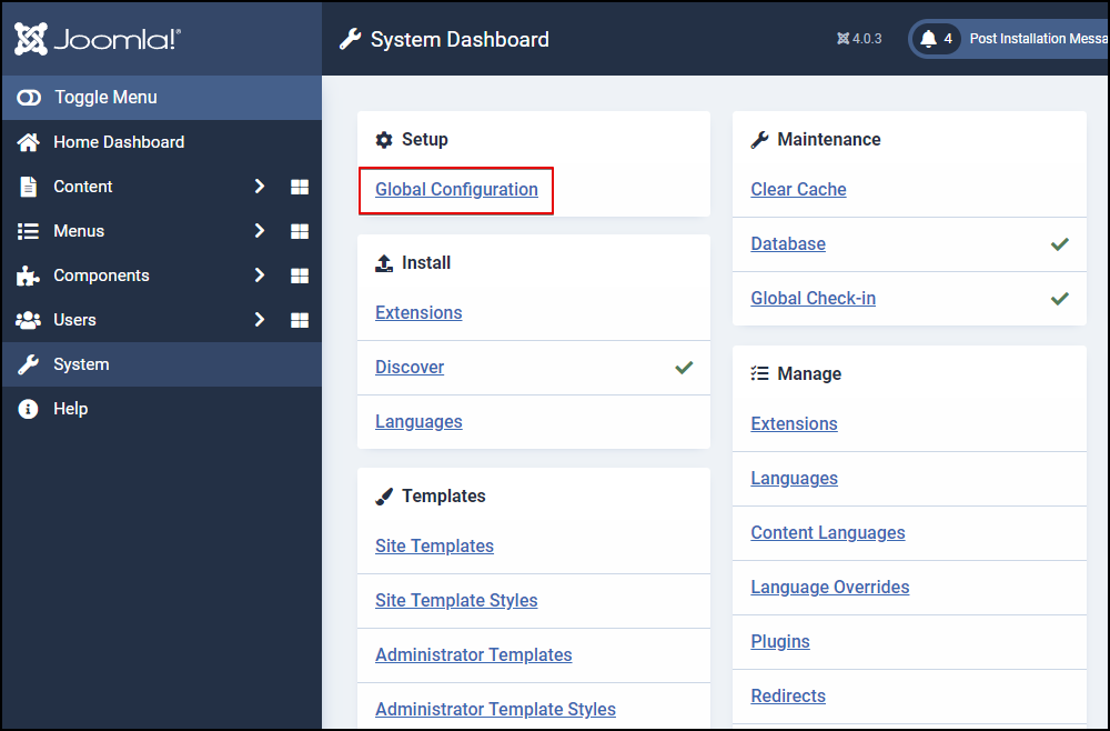 Joomla 4 - Access Global Configuration