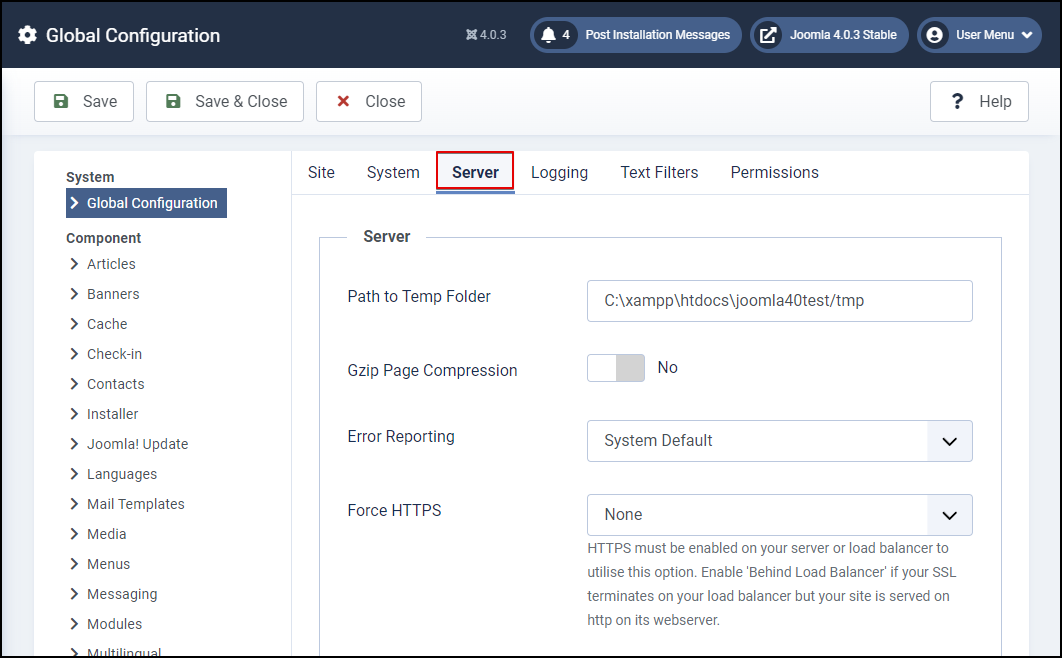 Joomla 4 - Change Time Zone - Global Configuration - Server Tab