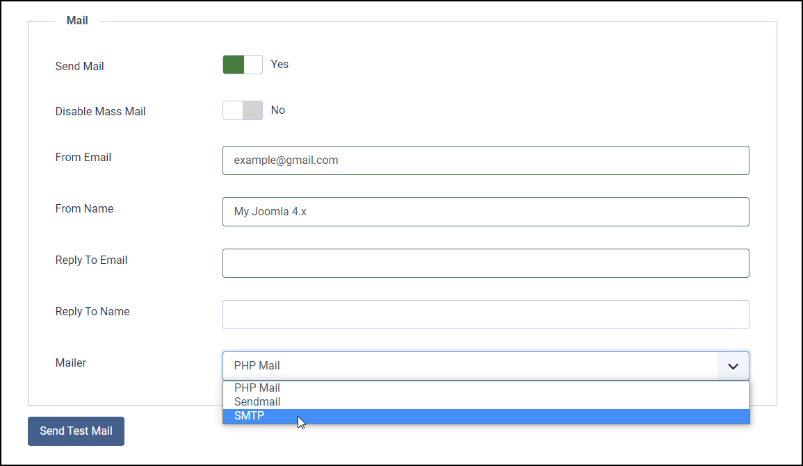 Joomla 4 - Gmail Smtp Server - Choose Mailer