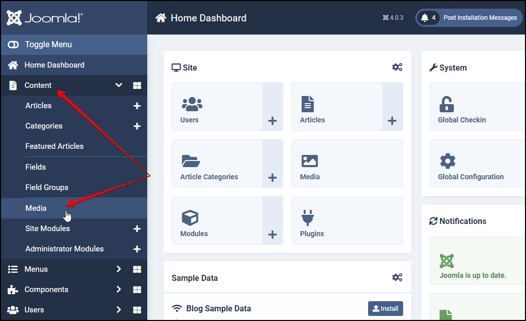 Joomla 4 - Media Manager - Home Dashboard - Content - Media