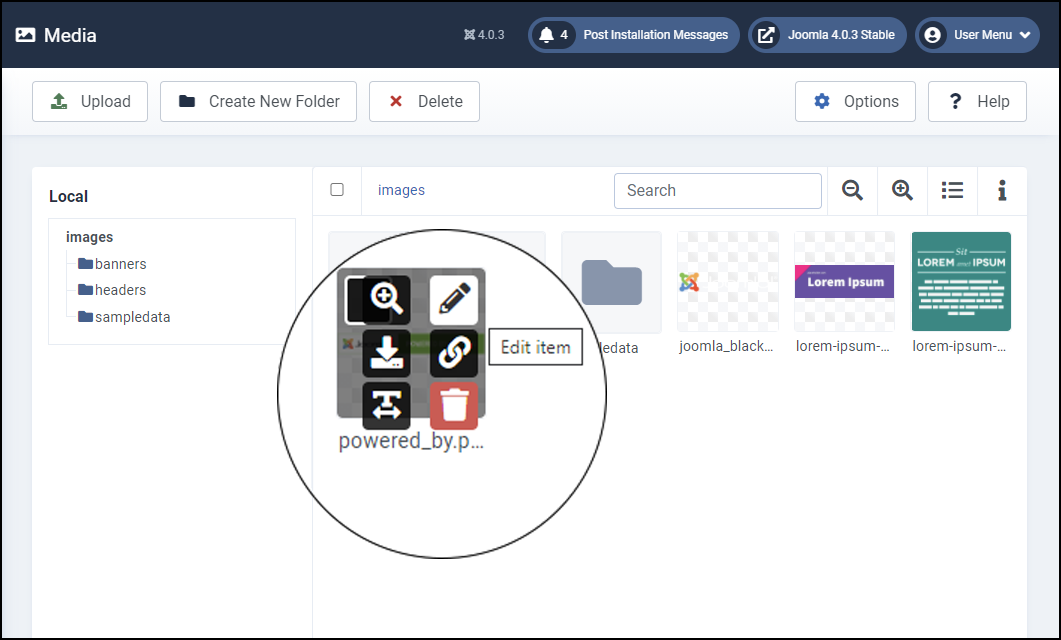 Joomla 4 - Media Manager - Item Options