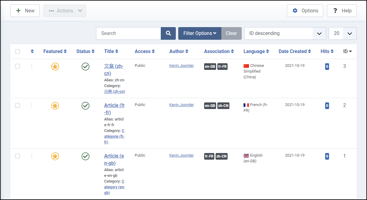 Joomla 4 - Site Web multilingue - Associations d'articles enregistrées