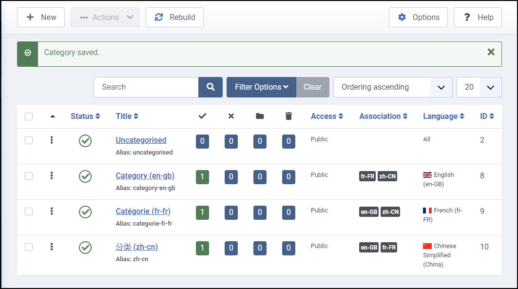 Joomla 4 - Site multilíngue - Associações de categoria salvas