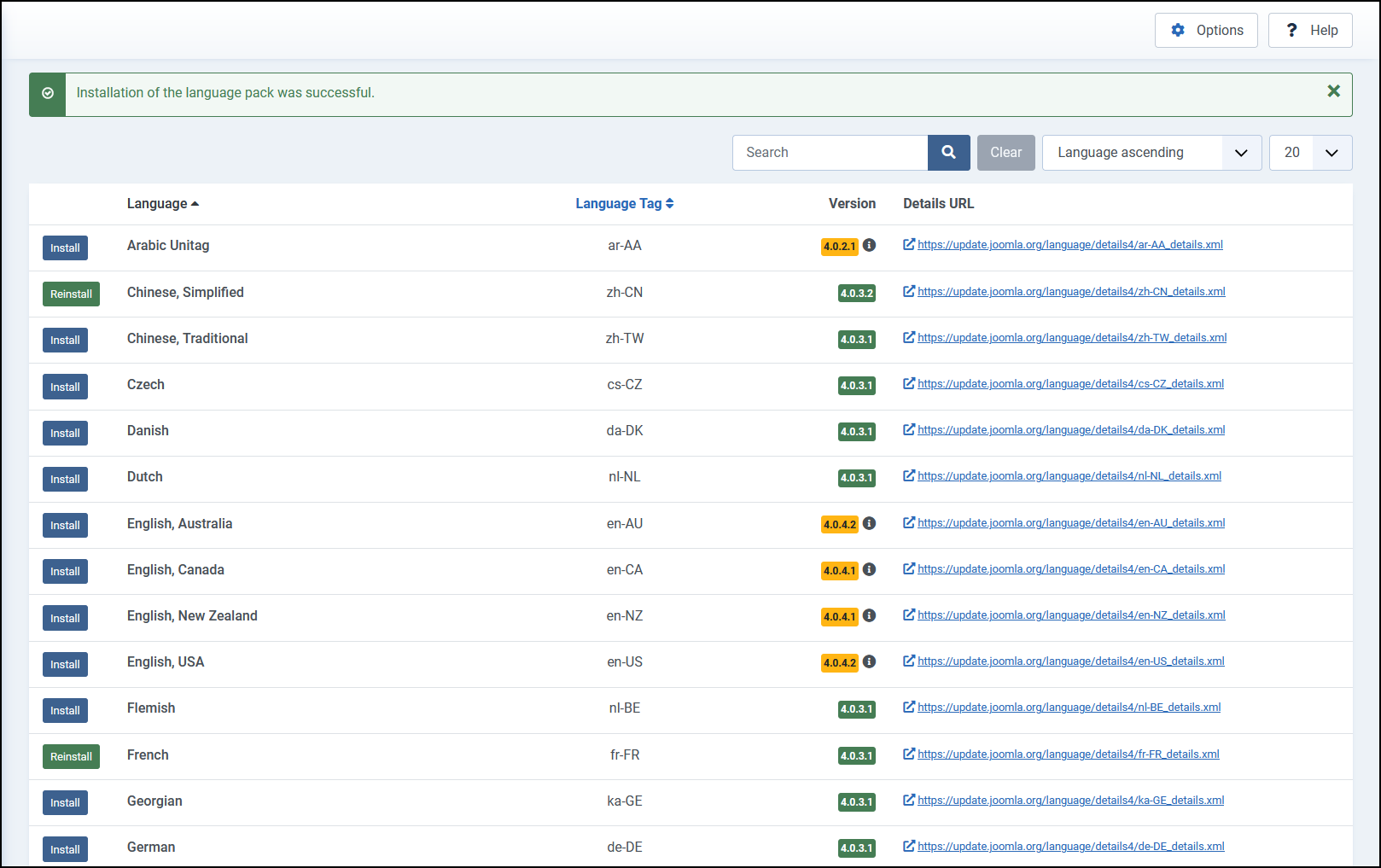 Joomla 4 - Wielojęzyczna strona internetowa - Zainstalowane języki