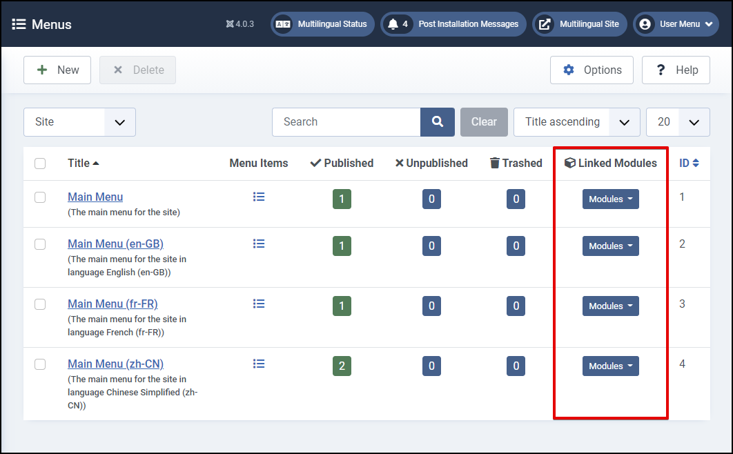 Joomla 4 - večjezično spletno mesto - povezani moduli