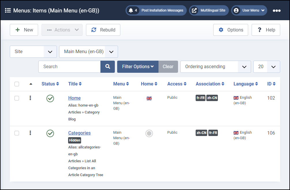 Joomla 4 - Viacjazyčné webové stránky - Hlavné menu En-Gb