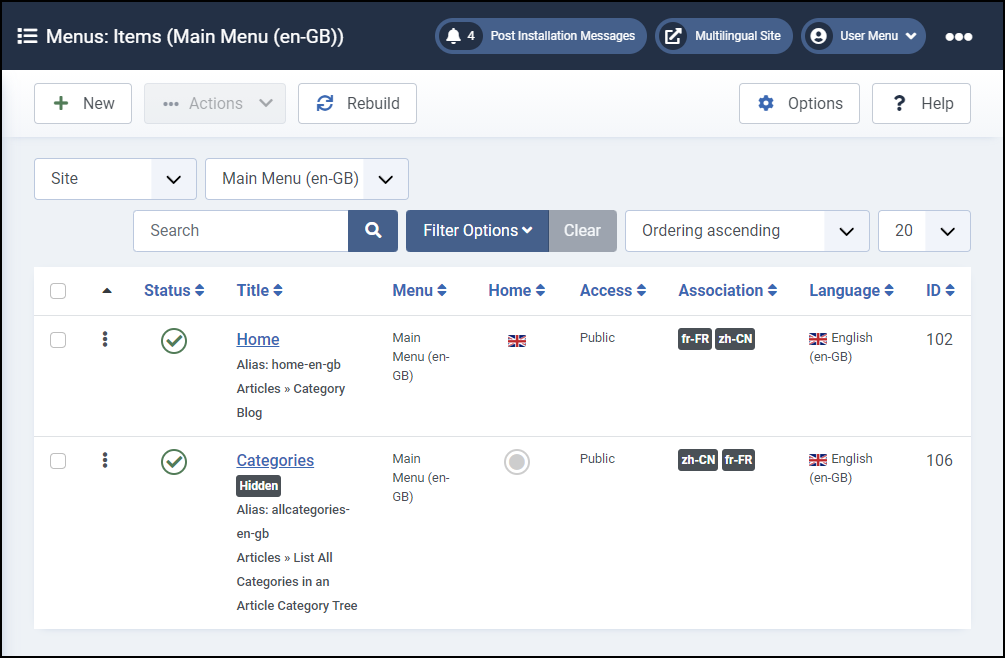 Joomla 4 - Flerspråkig webbplats - Huvudmeny En-Gb