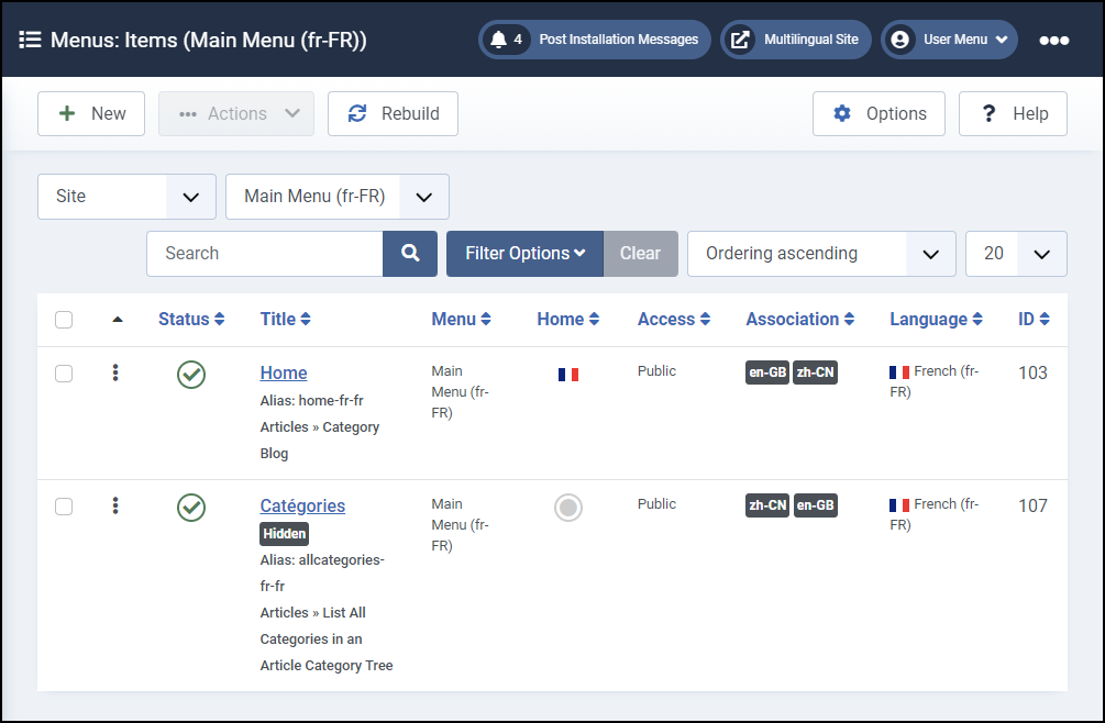 Joomla 4 - Sito multilingue - Menu principale Fr-Fr