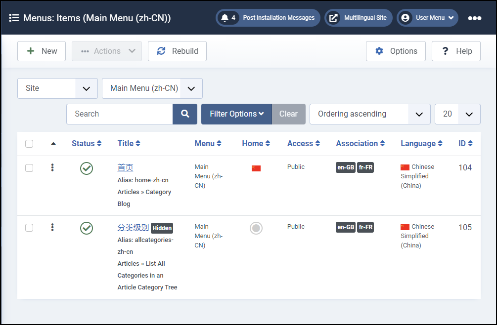 Joomla 4 - Viacjazyčné webové stránky - Hlavné menu En-Ch