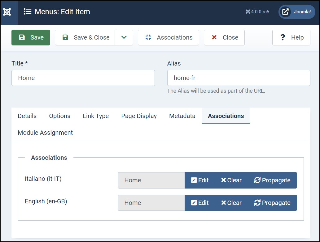Joomla 4 - Multilingual Website - Menu Item - Edit - Associations