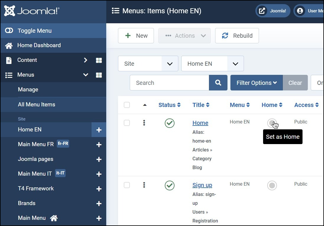 Joomla 4 - Multilingual Website - Menu Item - Home EN - Set Default