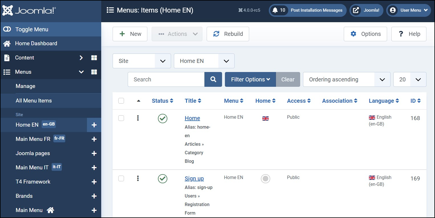 Joomla 4 - Multilingual Website - Menu Item - Home EN