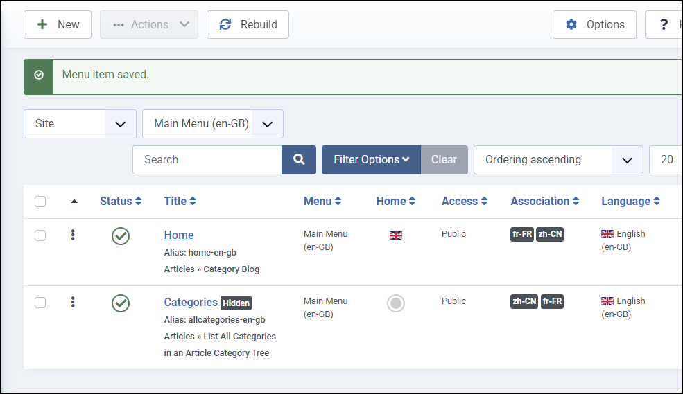 Joomla 4 - 多言語 Web サイト - メニュー項目の関連付けが保存されました