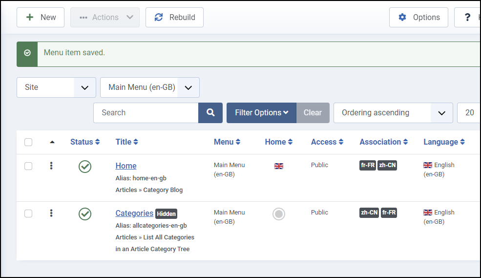 Joomla 4 - Sitio web multilingüe - Asociaciones de elementos de menú guardadas