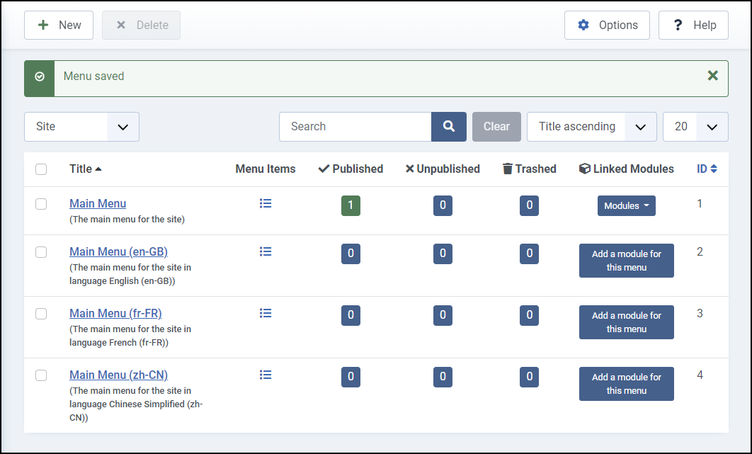 Joomla 4 - Sitio web multilingüe - Menú guardado