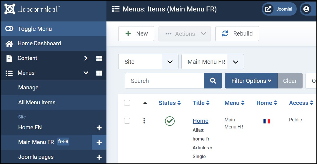 Joomla 4 - Multilingual Website - Menus - Main Menu FR