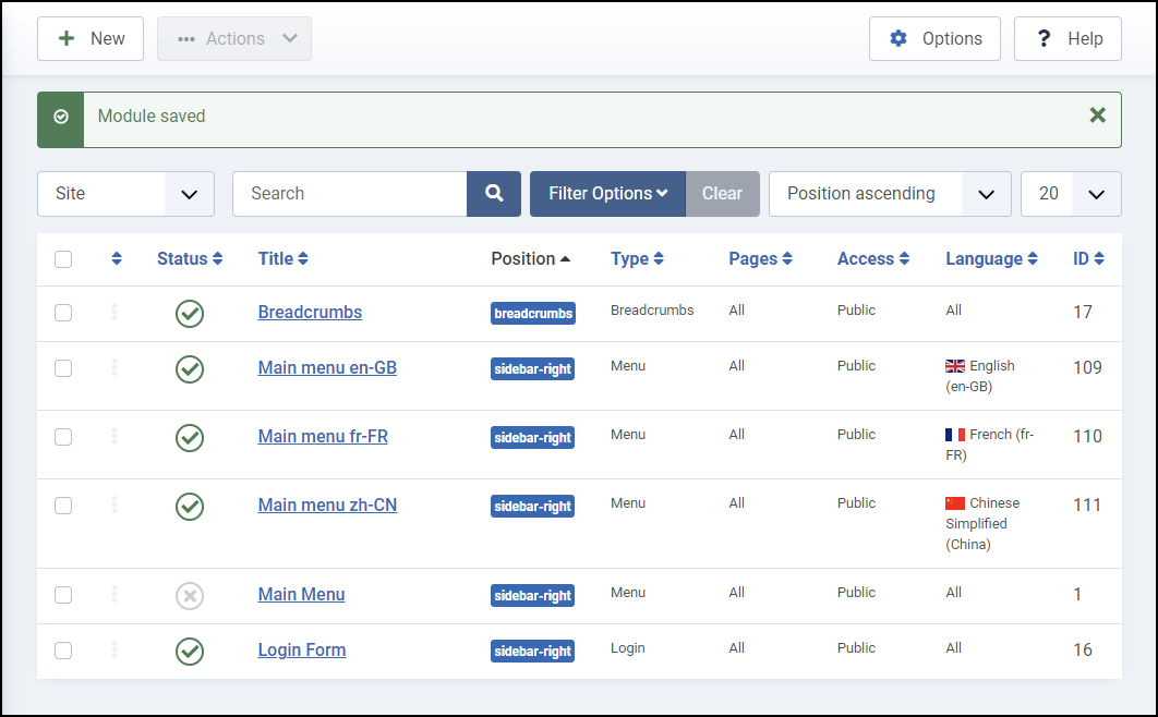 Joomla 4 - 多言語ウェブサイト - モジュールが保存されました