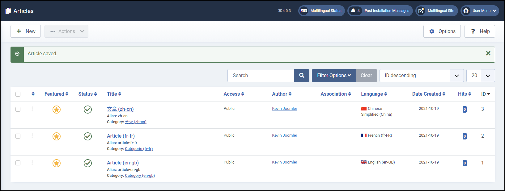 Joomla 4 - Flerspråkig webbplats - Nya artiklar